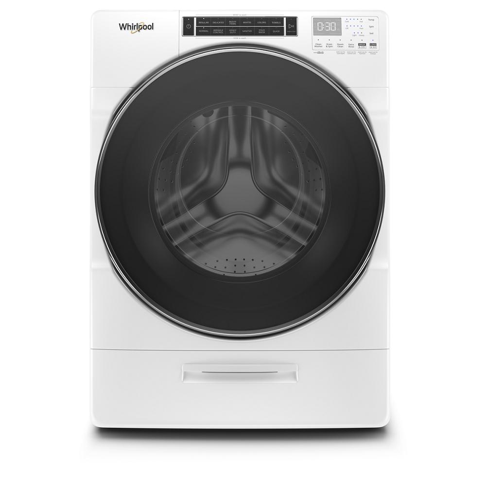 Front view of white front load washer with large black door and digital control panel from Washers & Dryers collection