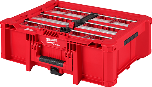 Red Milwaukee PACKOUT™ tilt bin organizer with metal rail dividers and multiple compartments for tool storage and small parts organization