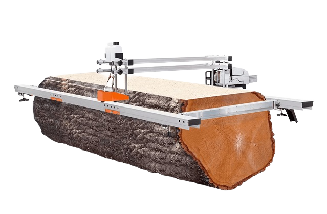 Portable sawmill with guide rail and mounted cutting head slicing a large log for woodworking projects