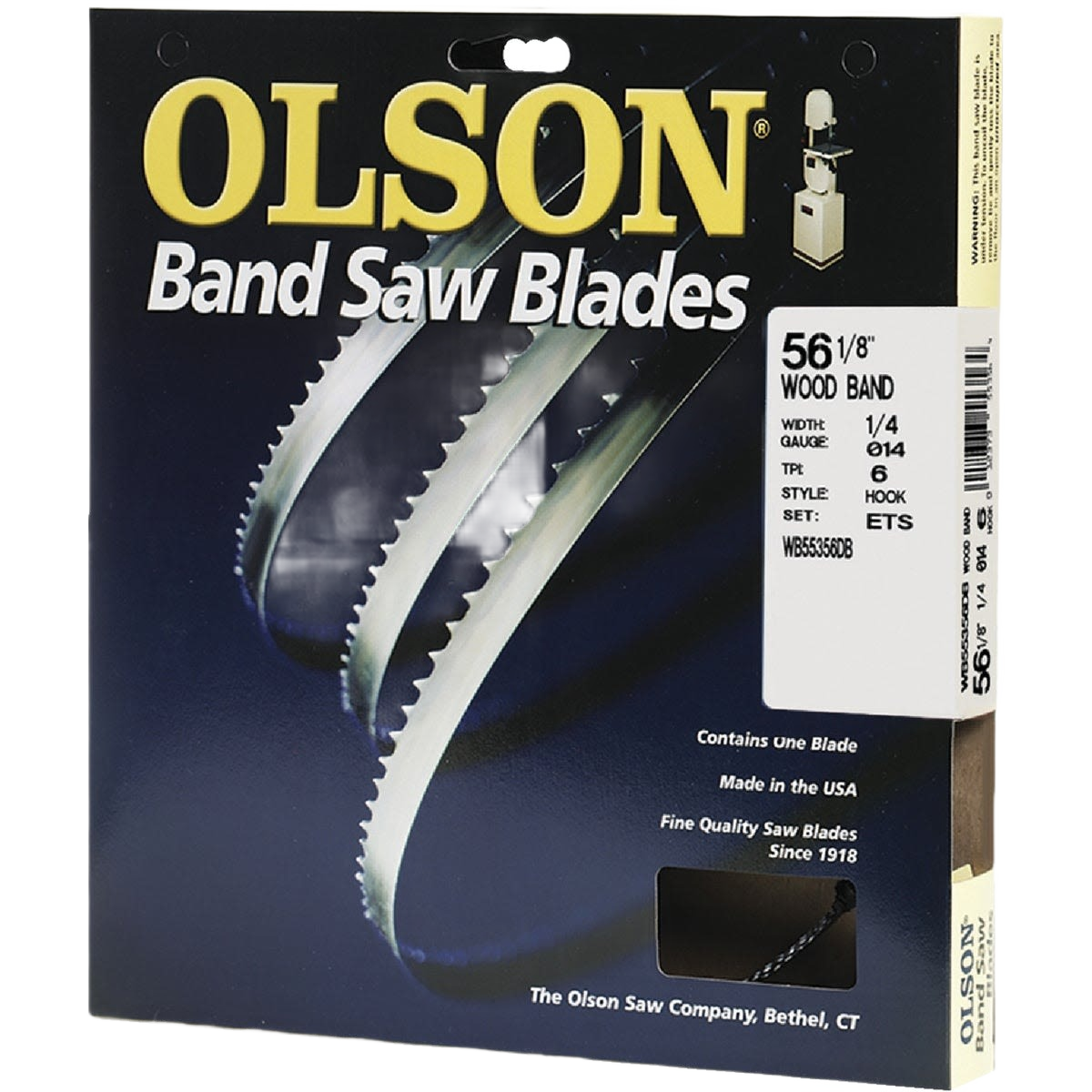 Packaging of Olson wood cutting band saw blade featuring three curved metal blades with sharp hook teeth design