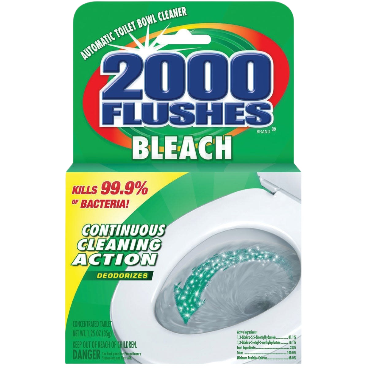 Green and yellow package of 2000 Flushes bleach toilet cleaner with image of swirling water in toilet bowl