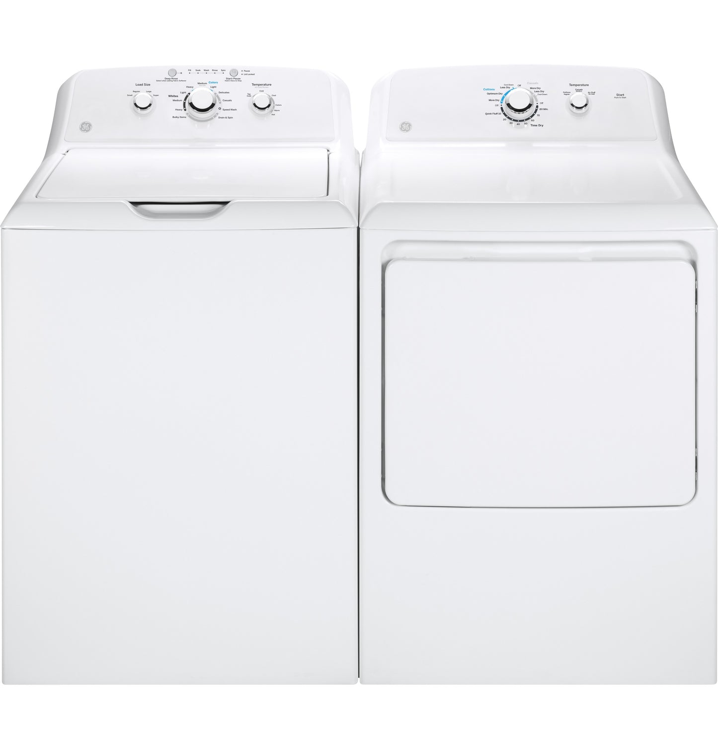 Front view of white washing machine and gas dryer with control knobs from Dryers and Gas Dryers collections