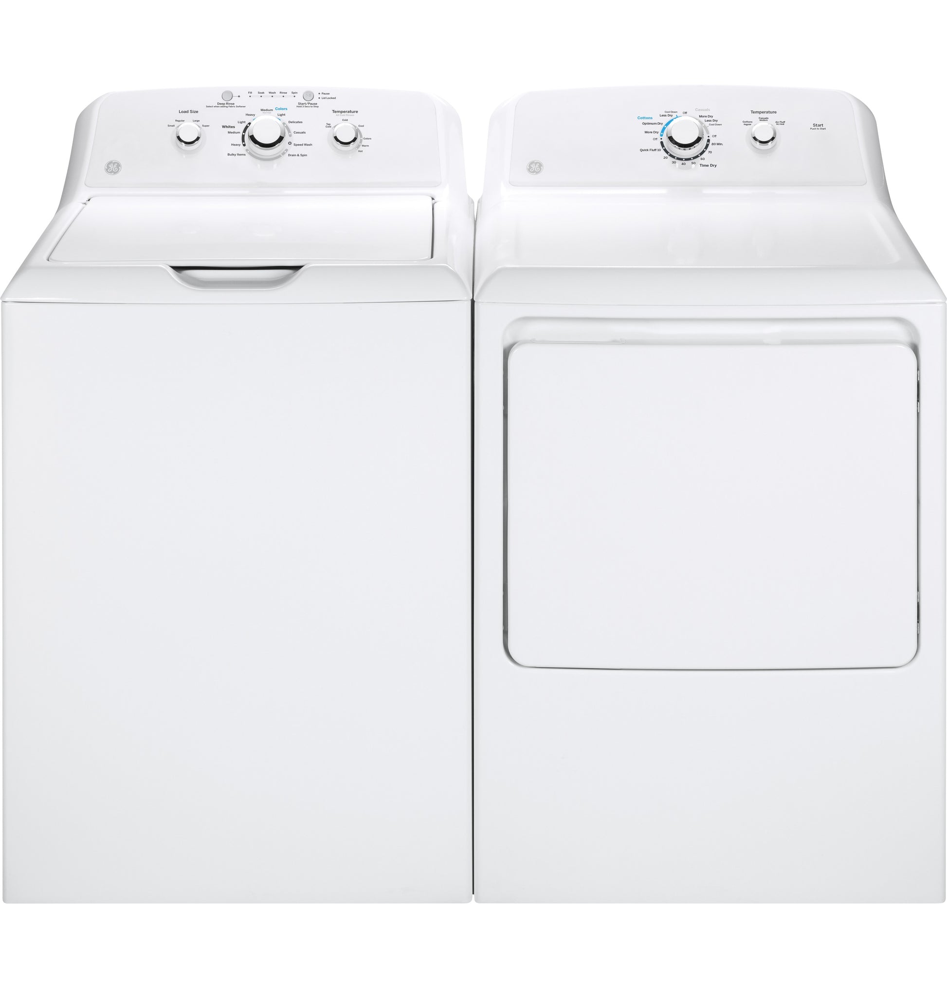 Front view of white washing machine and gas dryer with control knobs from Dryers and Gas Dryers collections