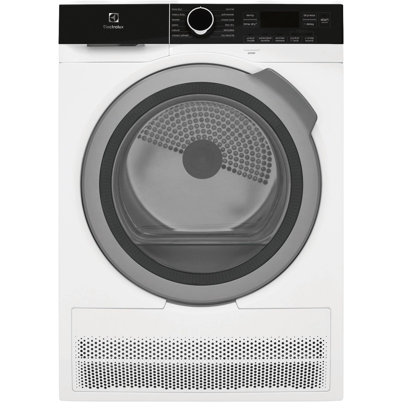 Compact white front load ventless dryer with digital controls and gray door trim from dryers and appliances collection