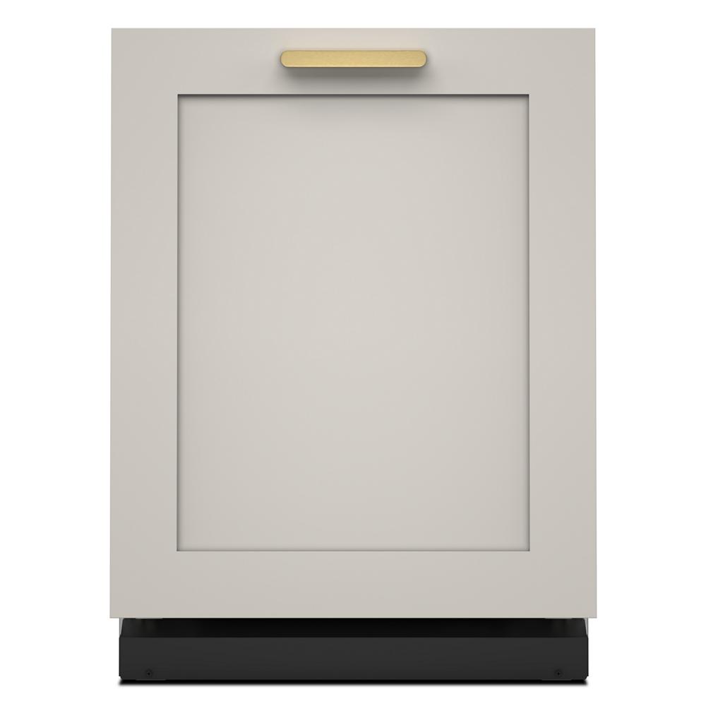 Modern panel-ready dishwasher with smooth gray front and brass handle, designed for flush cabinet installation in kitchens