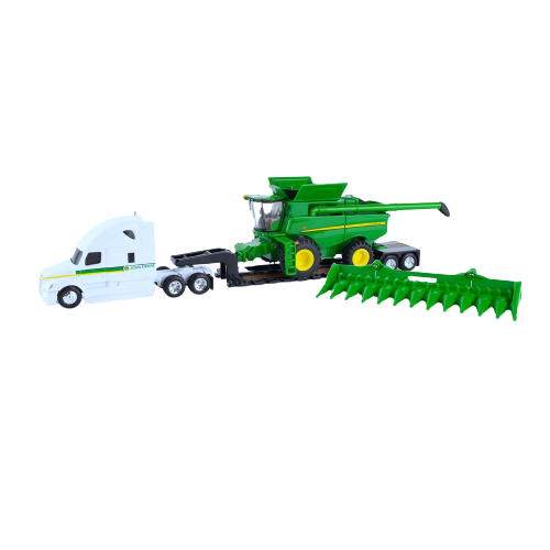 Die-cast model of a green farm combine attached to a white semi truck and lowboy trailer in toys collection