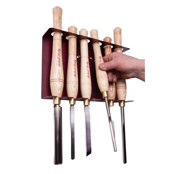 Wall-mounted woodturning tool rack holding six Robert Sorby tools in woodworking and home improvement collections