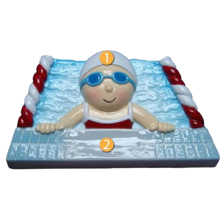 Personalized girl swimmer in blue goggles and cap at pool edge ornament from Christmas Ornaments & Tree Decorations collection