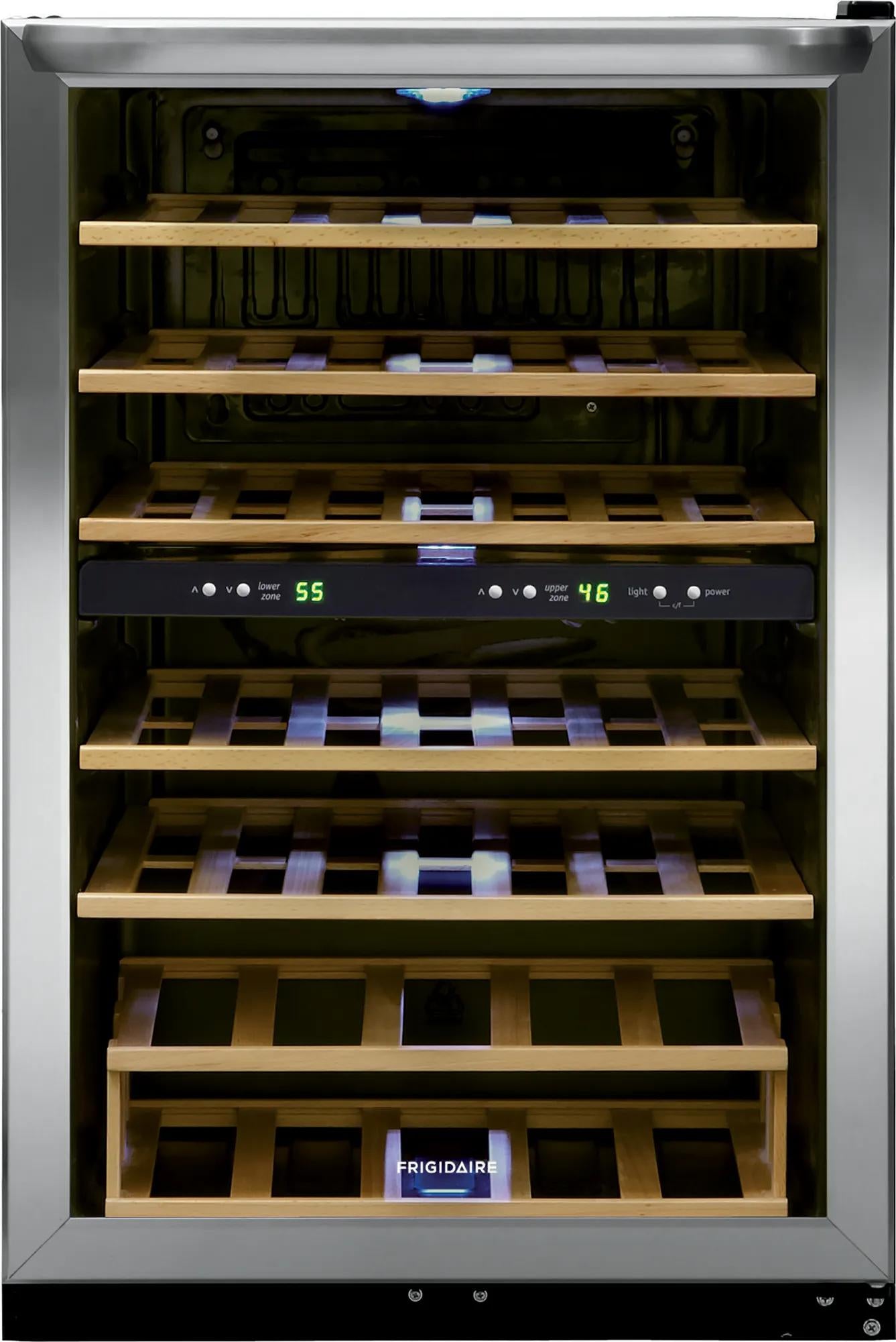Two-zone wine cooler with stainless steel frame, tinted glass door, natural wood shelves, and digital temperature display