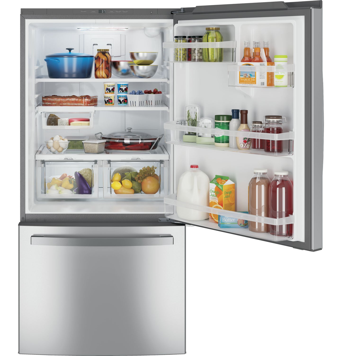 Stainless steel bottom-freezer drawer refrigerator with organized interior shelves in kitchen and appliances collection