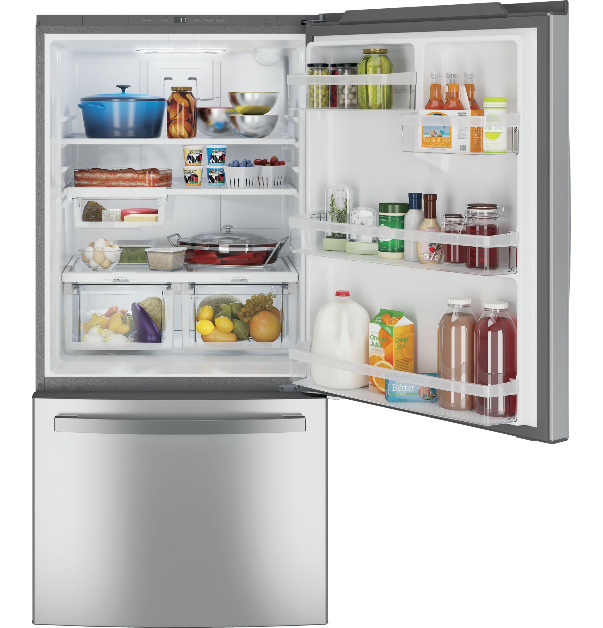 Stainless steel bottom-freezer drawer refrigerator with organized interior shelves in kitchen and appliances collection