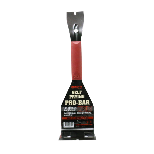 Metal pry bar with red handle and dual notched head for separation and demolition in home improvement tasks