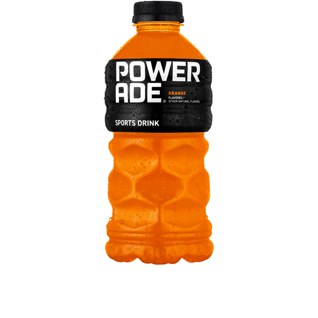Orange flavored Powerade sports drink bottle with black label and textured grip for hydration and energy boost