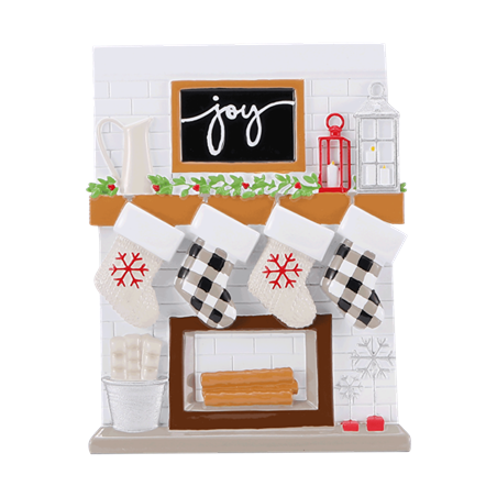 Cozy fireplace ornament with personalized stockings, holiday lanterns, and festive mantle greenery for Christmas decoration under $50 collection
