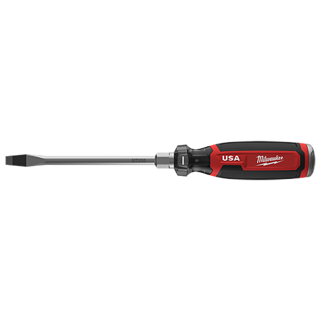 Red and black cushion grip slotted screwdriver with steel shaft for home improvement tasks.