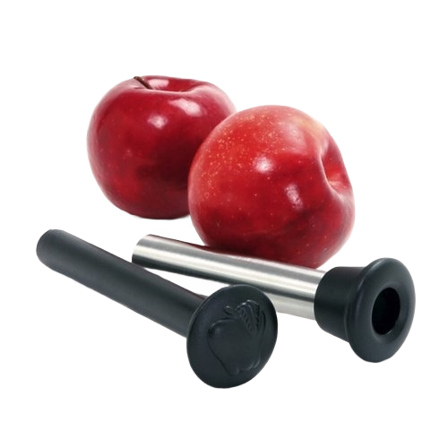 Stainless steel apple corer and plunger with black handle beside two red apples in kitchen gadgets collection