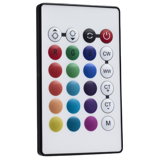 Compact remote control with multicolor buttons for adjusting LED lighting brightness, color, and modes in home improvement collections