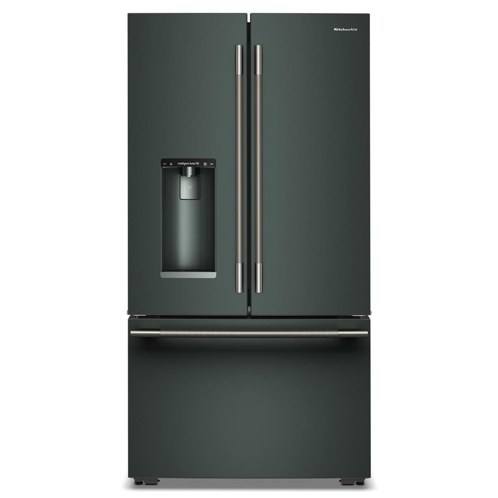 Dark matte gray counter-depth French door refrigerator with bottom freezer drawer and built-in water dispenser, featured in KitchenAid Appliances, Refrigerators, and Kitchen & Kitchenware collections.