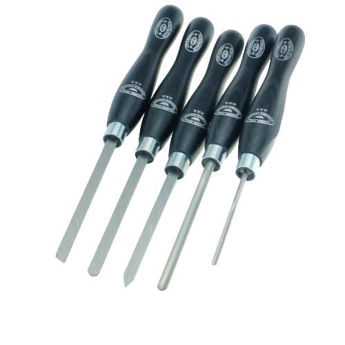 Set of five woodturning tools with black stained ash handles for precision woodworking projects and home improvement tasks