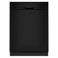 Black freestanding dishwasher with top control panel, designed for kitchens and home appliance use in dishwashers collection