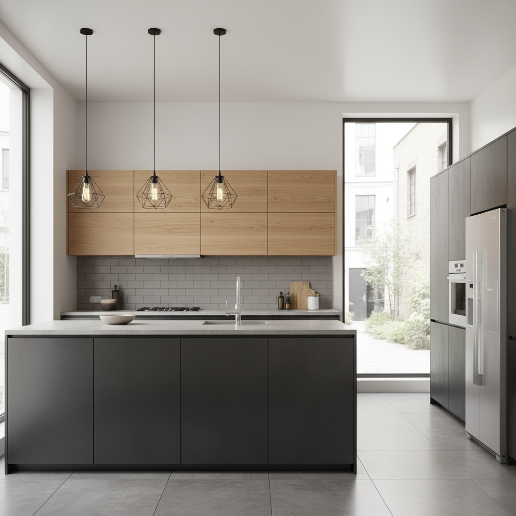 Minimalist kitchen with matte black island, light wood upper cabinets, gray subway tile backsplash, and three geometric pendant lights above.