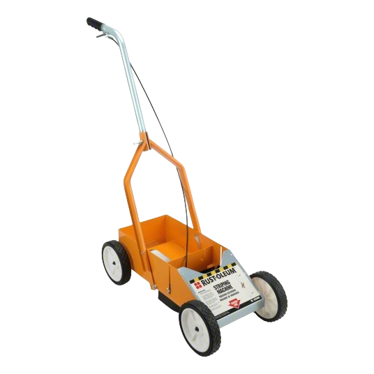 Orange and white striping machine with four wheels and a metal handle, designed for precise line marking in rental power tools at Hartville Hardware.