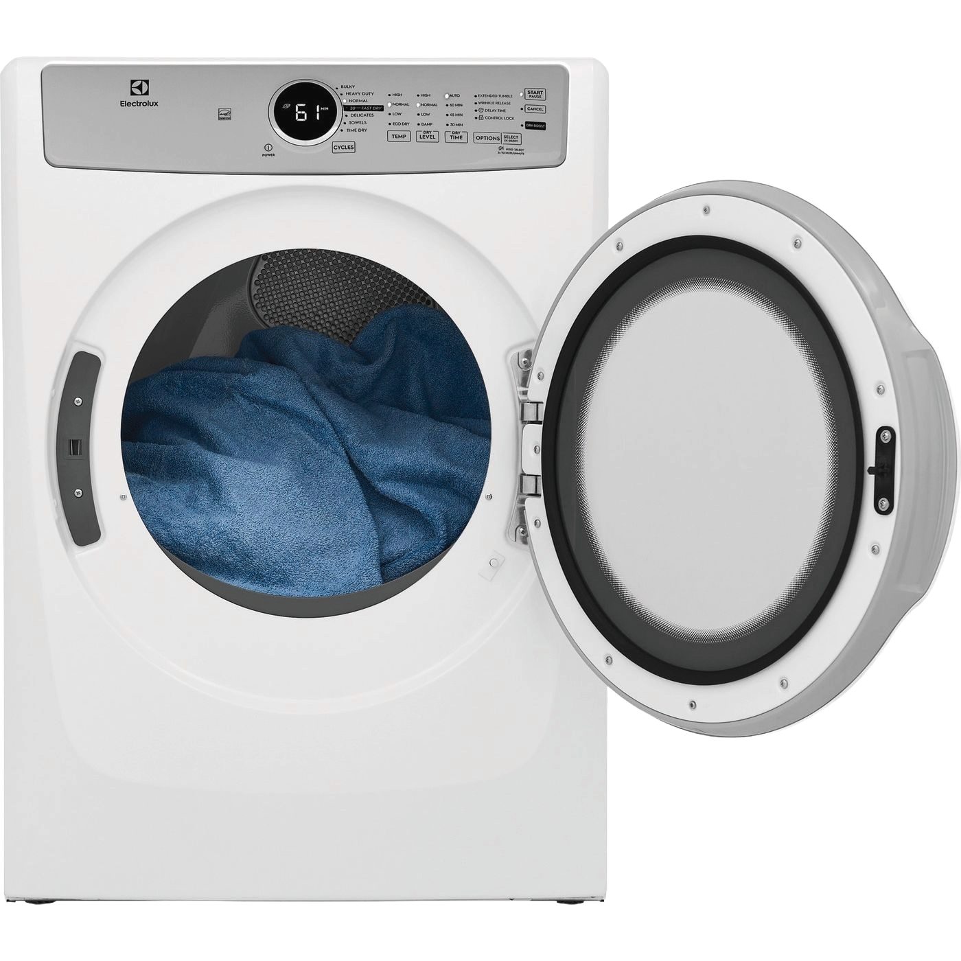 White front load gas dryer with open door showing blue towels inside, from Dryers and Appliances collections