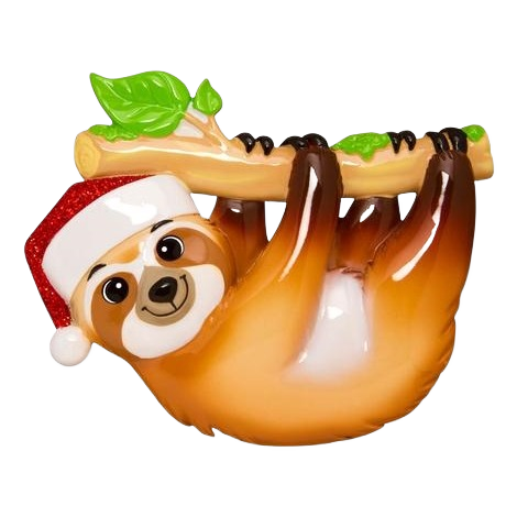 Adorable sloth wearing Santa hat hanging from branch, festive decoration from Christmas Ornaments under $50 collection