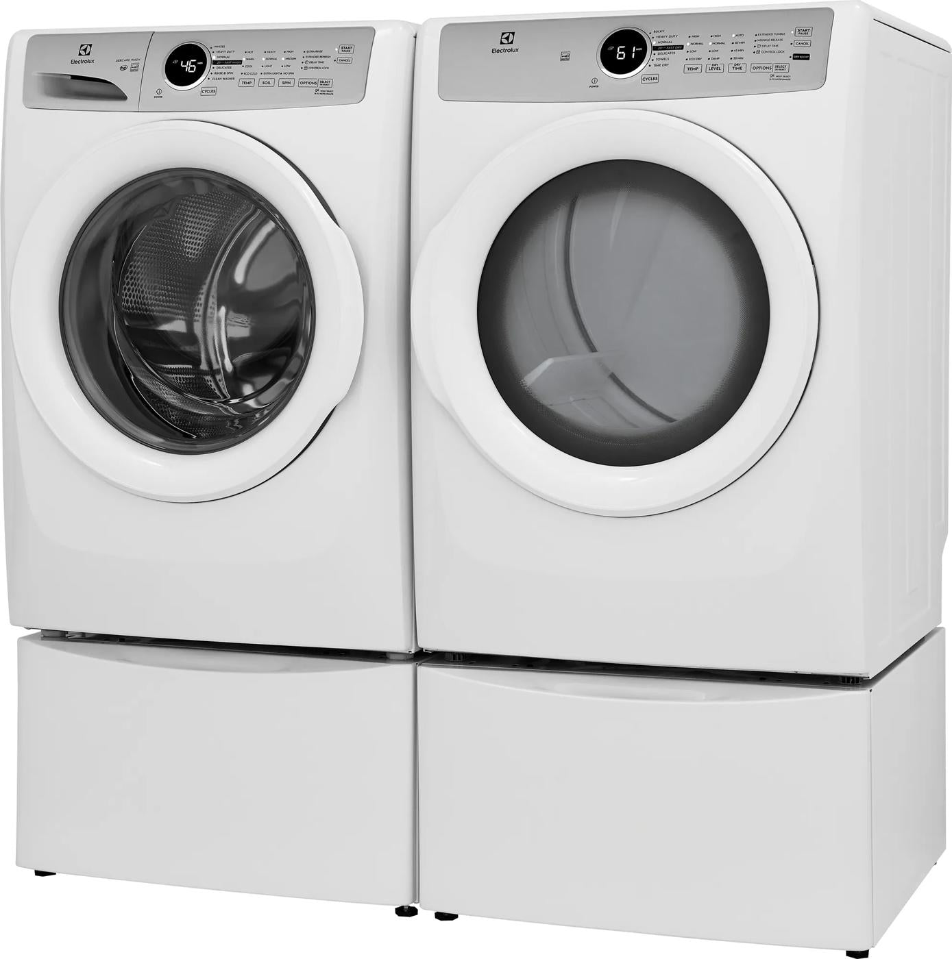 Pair of white front load washers and dryers with digital controls from washers and appliances collection