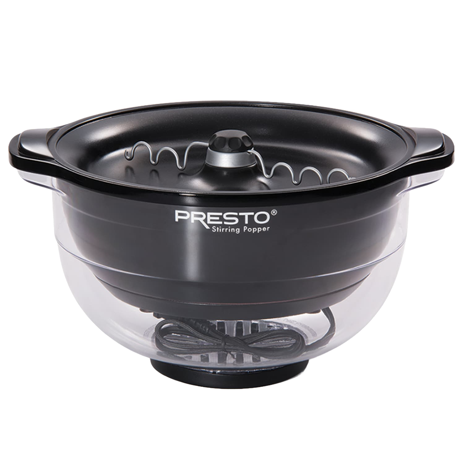 Black and clear electric popcorn popper with built-in stirring mechanism for small kitchen appliances and gadget use