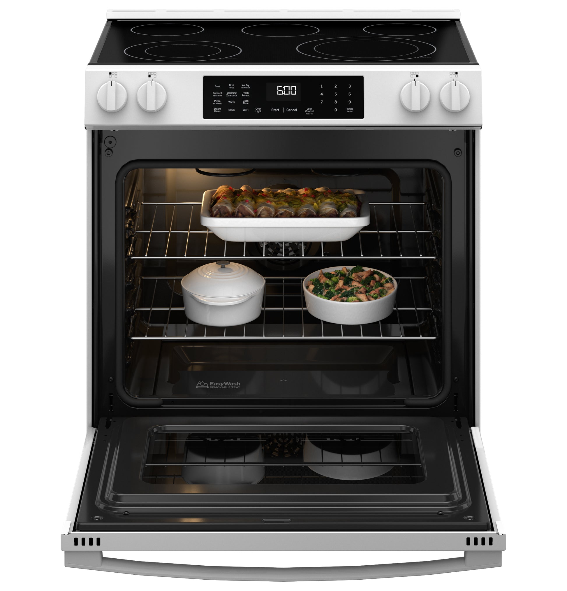 Open slide-in electric range with glass cooktop showing casserole dishes and tray of cooked food inside oven cavity