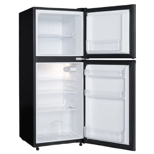 Black stainless steel compact refrigerator with separate freezer and interior light in kitchen appliances collection