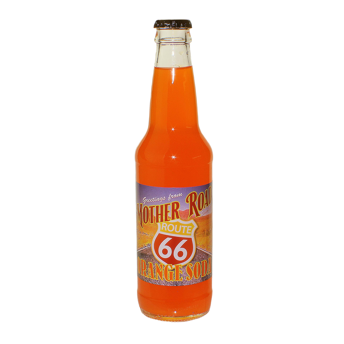 Glass bottle filled with bright orange soda labeled with a vintage Route 66 design and orange soda text