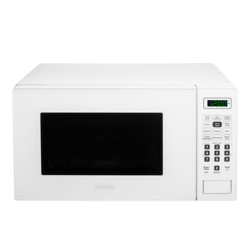 Compact white microwave with digital clock and keypad featuring multiple cooking functions for kitchen use
