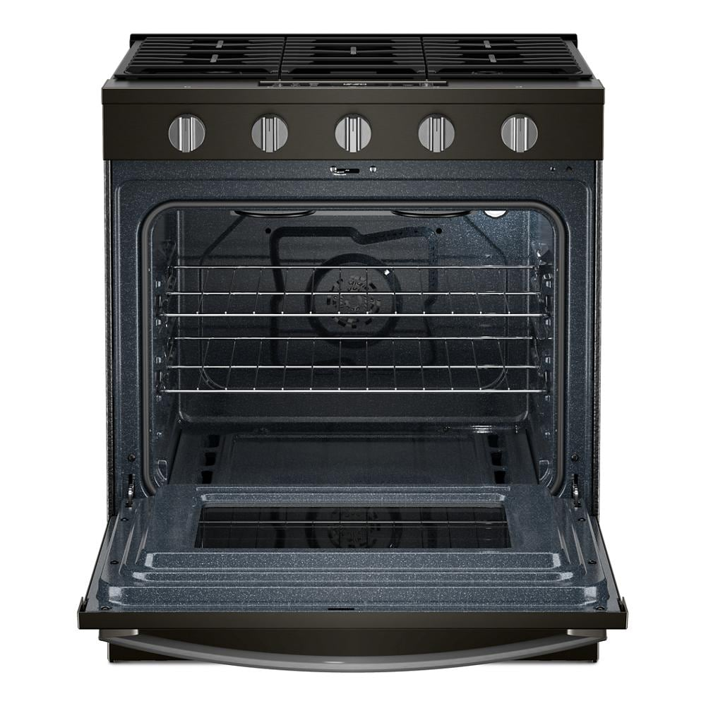 Front view of a black 30-inch gas range with open oven door showcasing interior racks and Air Cooking Technology features