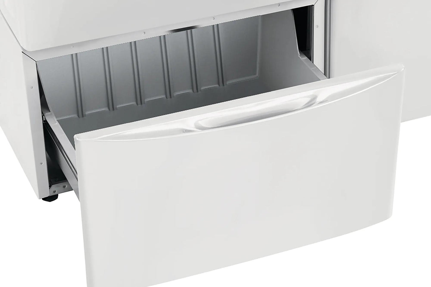 Matte white laundry pedestal drawer open showing spacious storage for appliance parts and home supplies