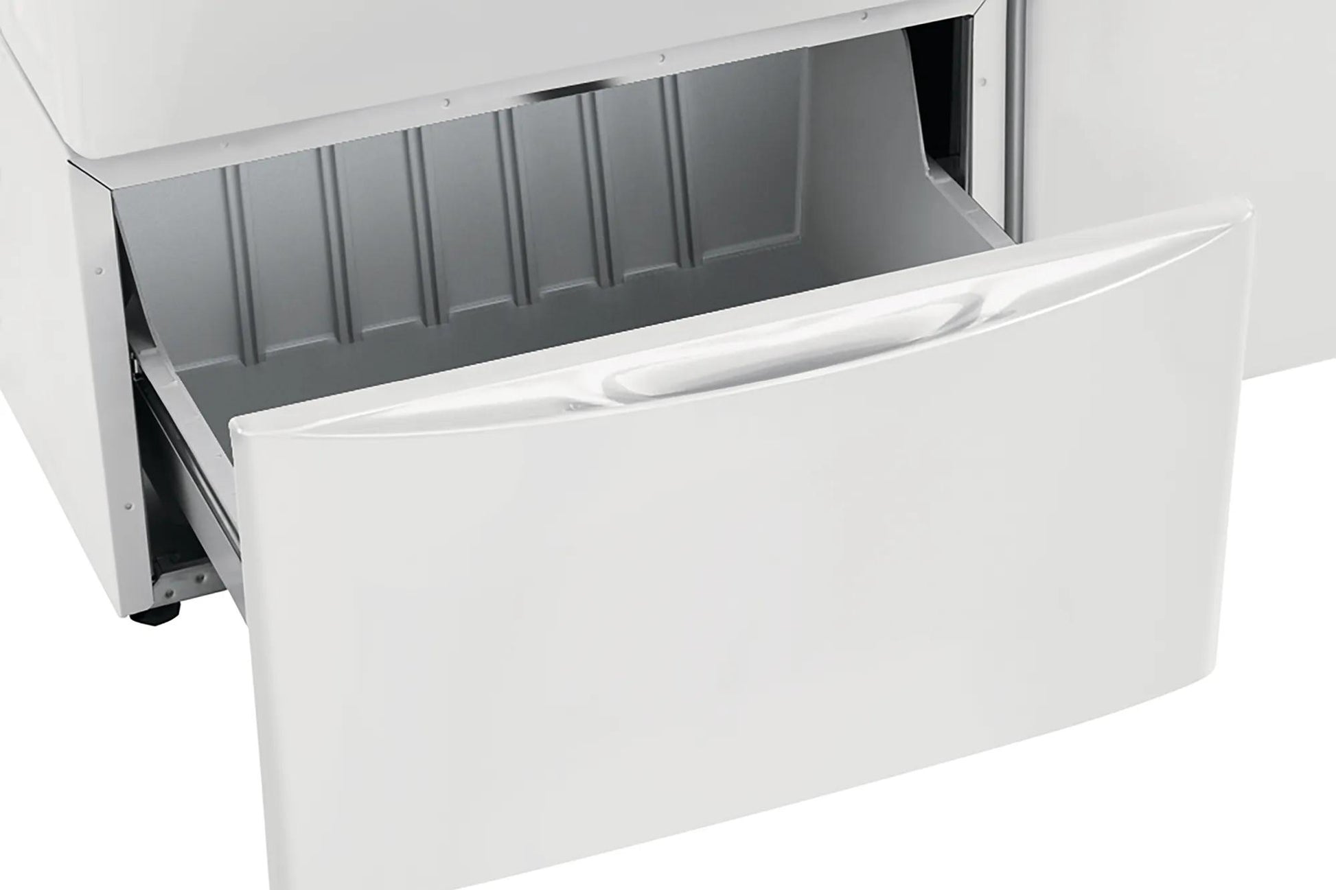 Matte white laundry pedestal drawer open showing spacious storage for appliance parts and home supplies