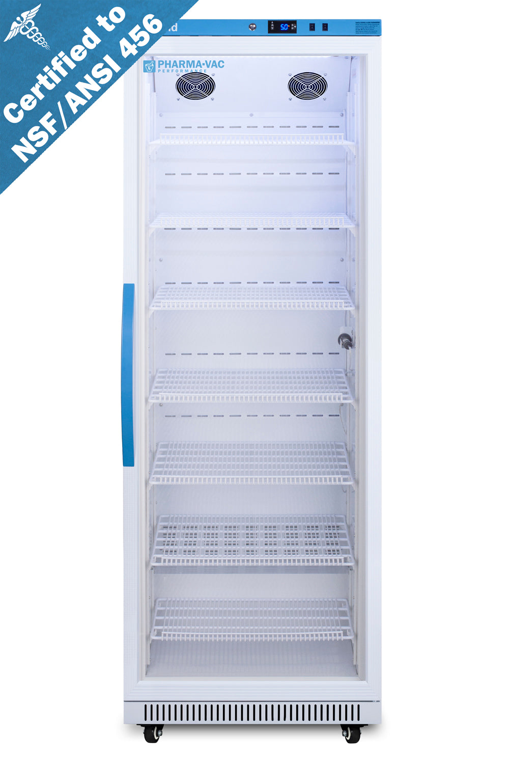 Upright vaccine refrigerator with multiple shelves and digital temperature display in appliances and kitchenware