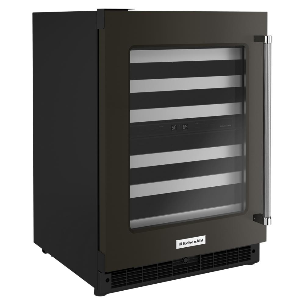 Undercounter wine cellar with glass door, metal-front racks, and digital controls from KitchenAid Appliances collection