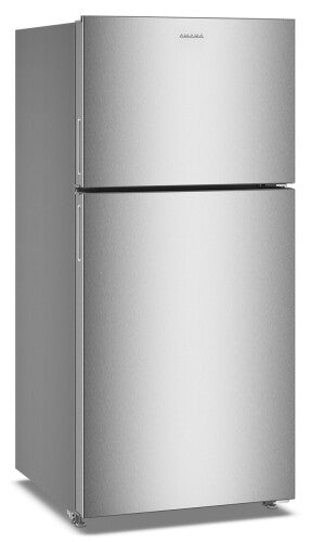 Silver top-freezer refrigerator with dual crisper drawers, adjustable glass shelves, and gallon door storage, suited for kitchen and appliance collections.