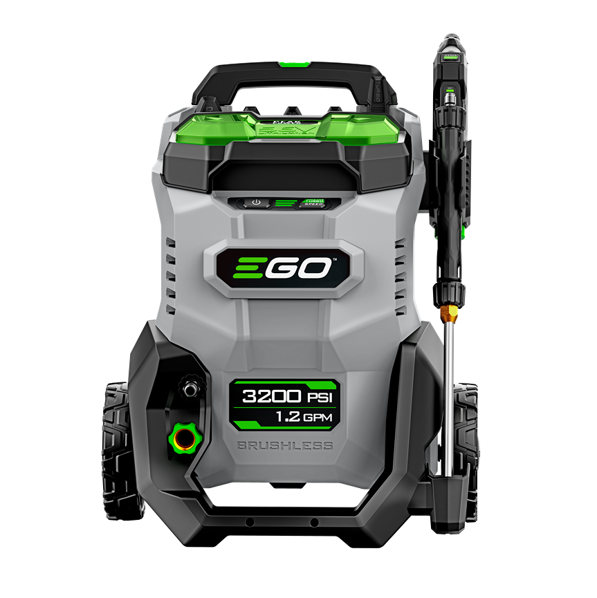 Portable battery-powered pressure washer with green and gray body and spray wand for tools and home improvement use