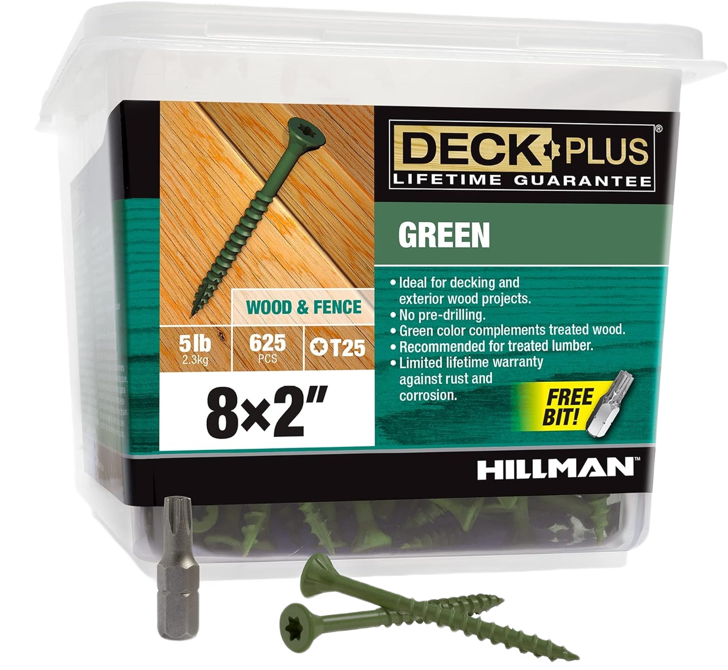 Clear plastic container of green deck screws with two green screws and a drill bit on hardwood background in Hardware collection