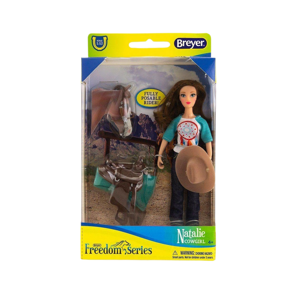 Cowgirl doll with brown hat and jeans next to brown horse and saddle accessories in clear packaging