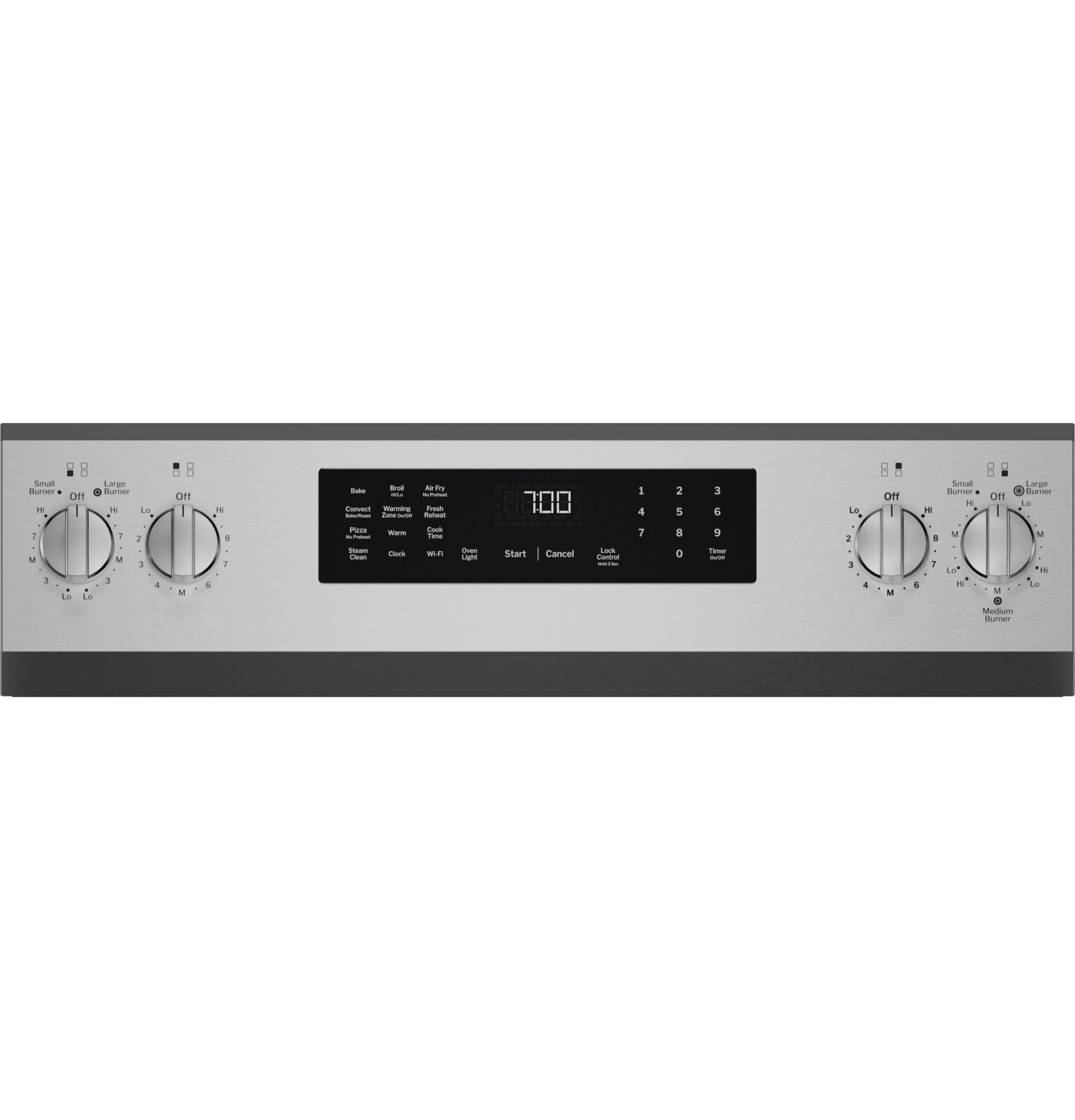Control panel of stainless steel electric convection range with digital display and four knob controls in kitchen appliances collection
