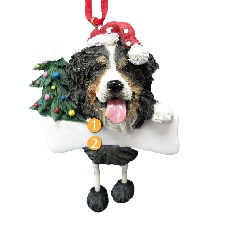 Personalized Bernese Mountain Dog Christmas ornament with dangling legs and festive tree decoration under $50 collection