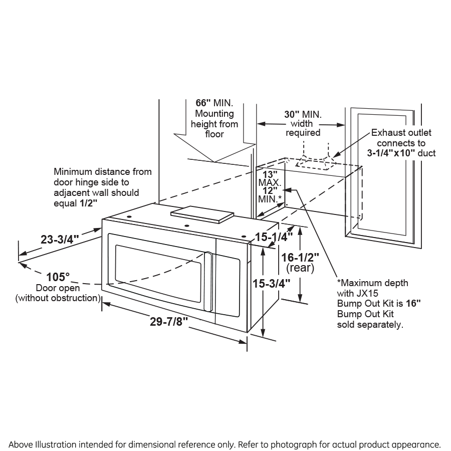 Line drawing of over-the-range microwave with installation measurements for wall mounting and duct connection