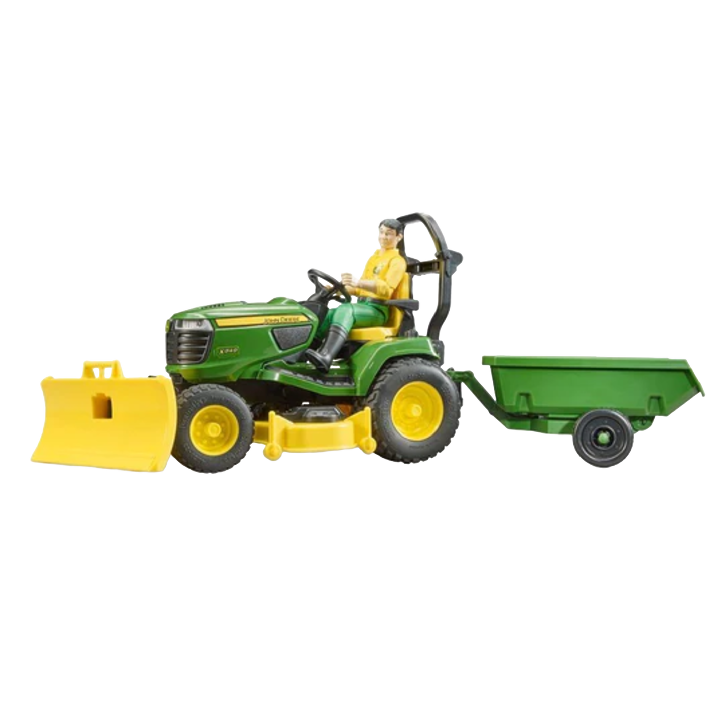 Green and yellow toy tractor with driver figure, front blade, mower deck, and attached green trailer for outdoor play