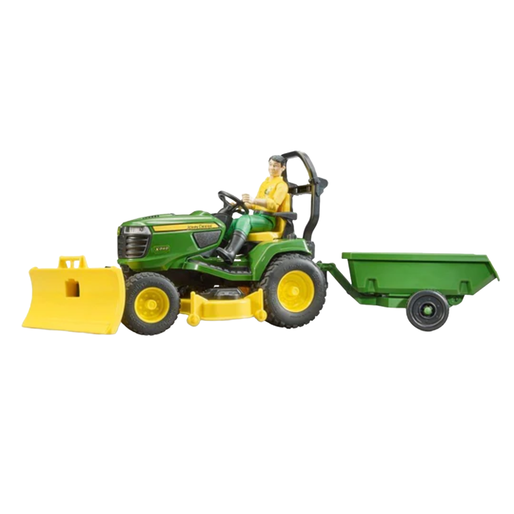 Green and yellow toy tractor with driver figure, front blade, mower deck, and attached green trailer for outdoor play