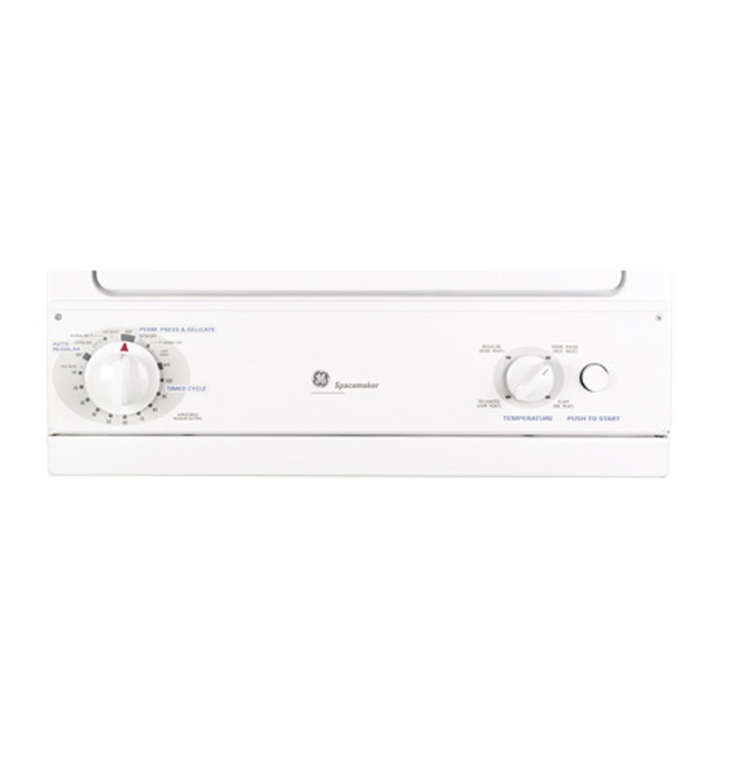 Control panel of white GE Spacemaker electric dryer with cycle and temperature dials in Dryers collection
