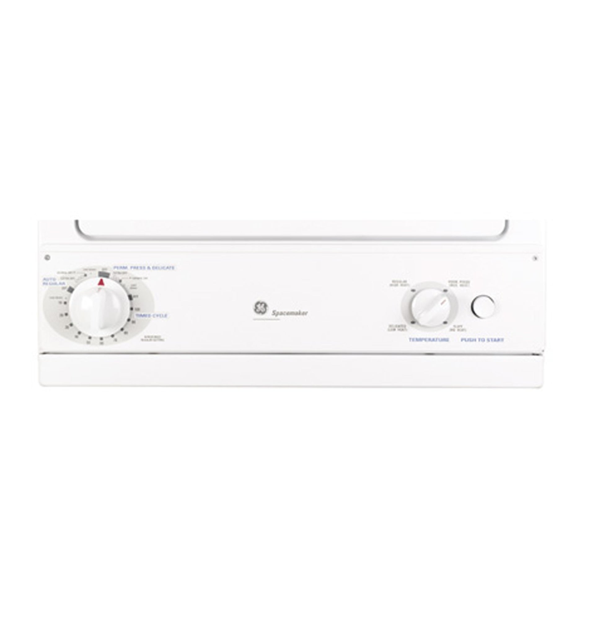 Control panel of white GE Spacemaker electric dryer with cycle and temperature dials in Dryers collection